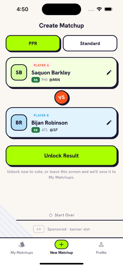 Create matchup screen